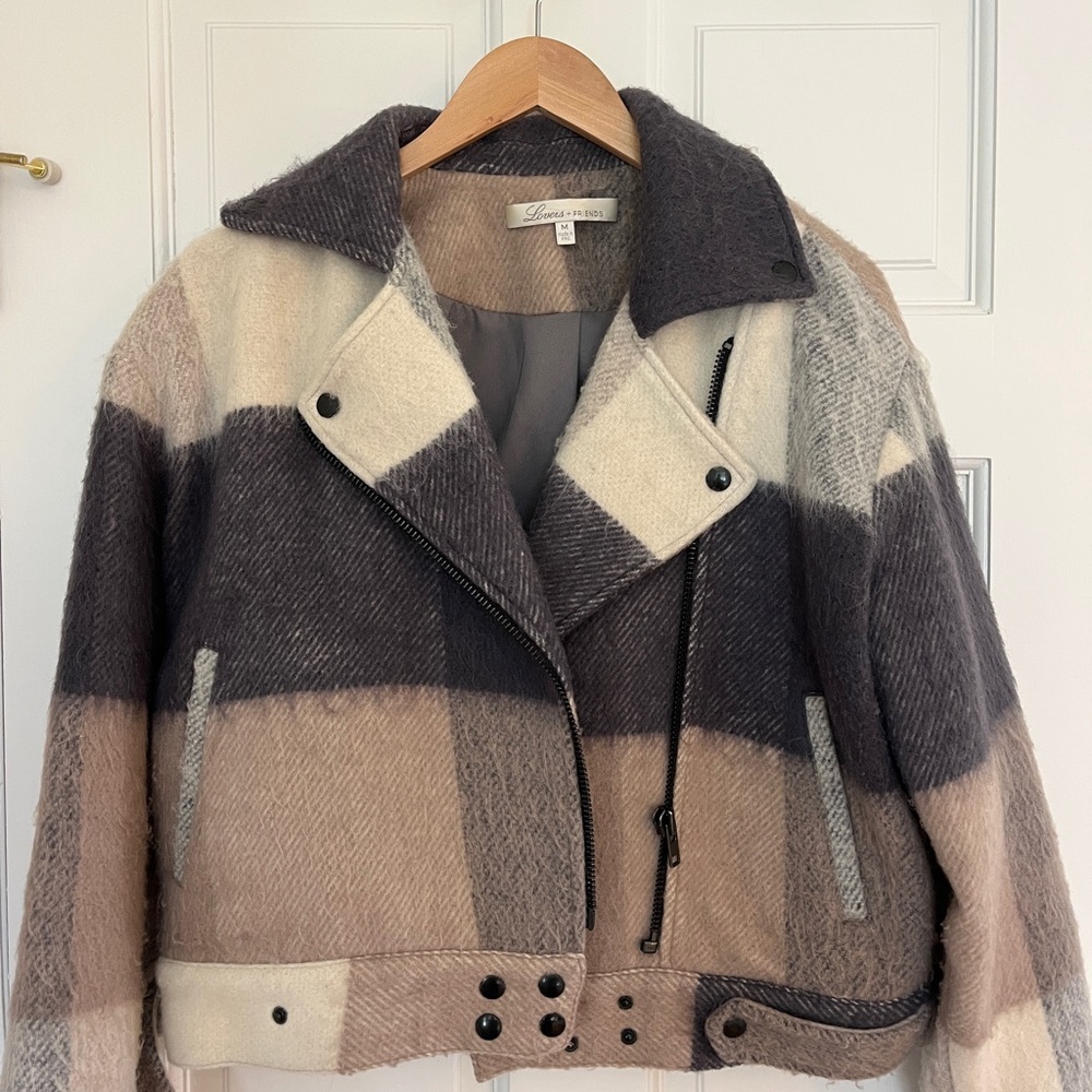 Lovers + Friends Neutral Plaid Wool-Blend Bomber Jacket